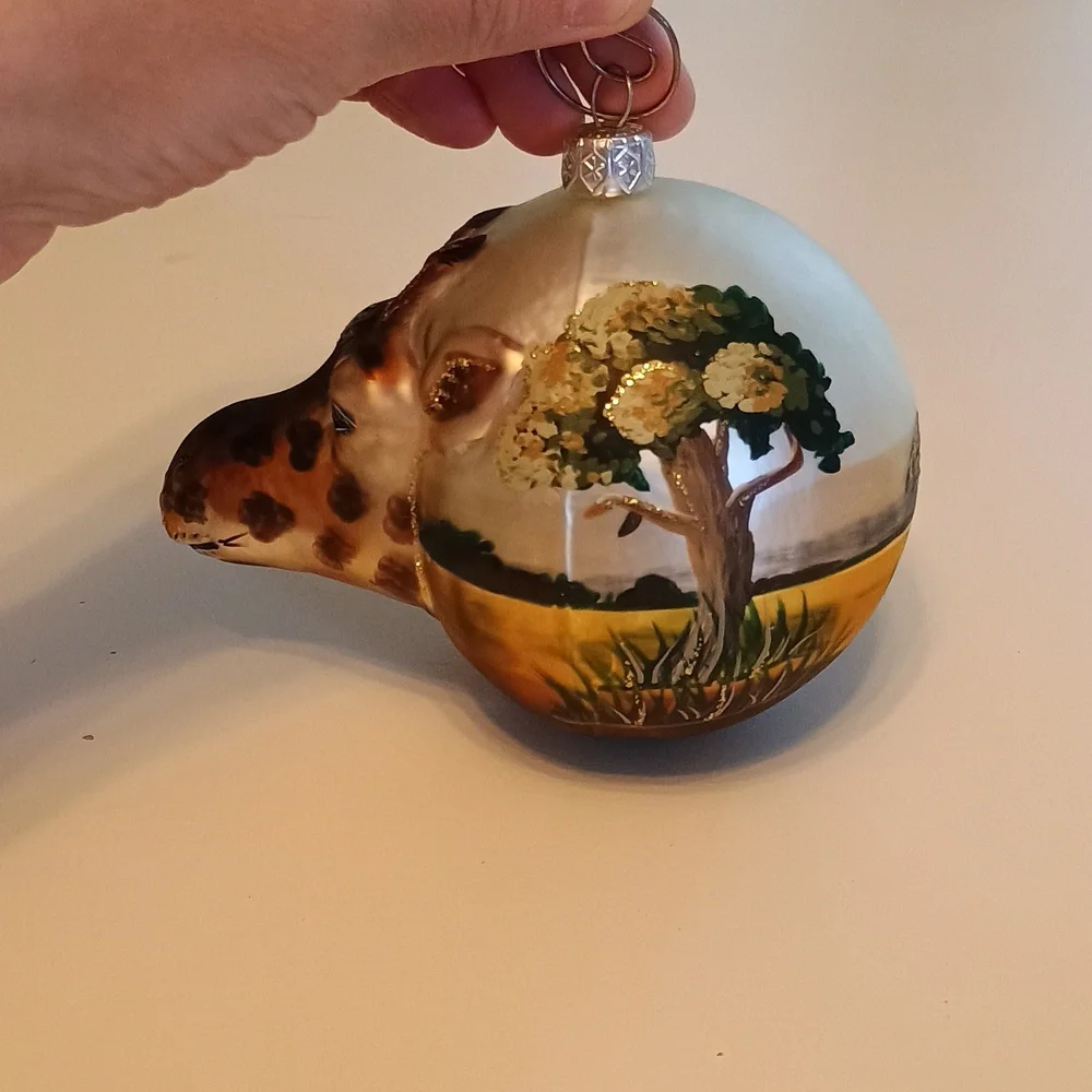 Hand Blown Glass Giraffe Head Christmas Ornament Hand Painted in Gold and Brown